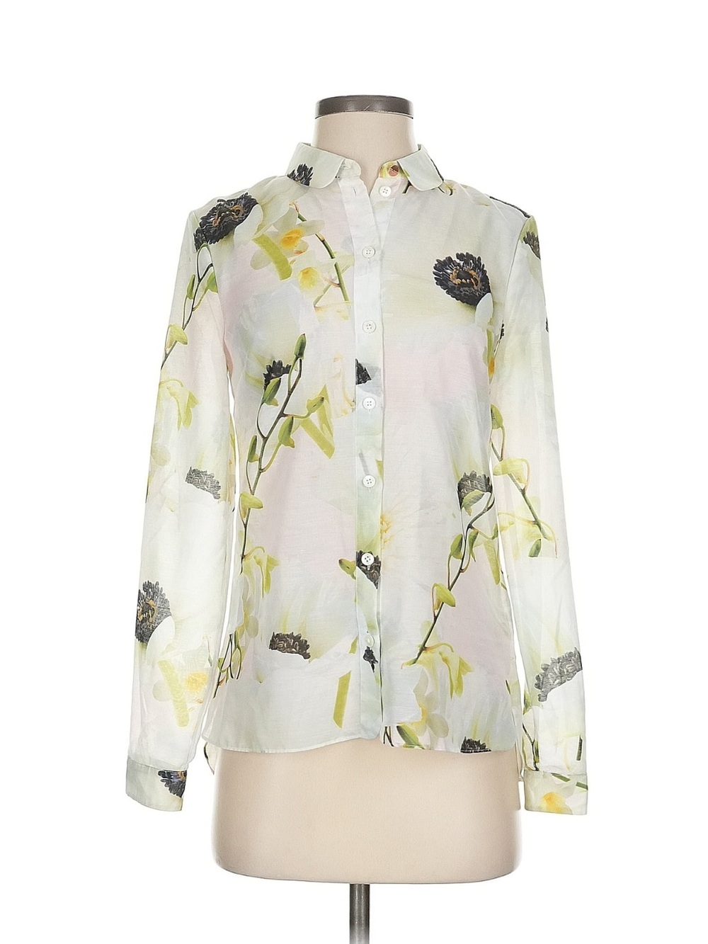 Ted Baker London Sheer Floral Button-Down Blouse in White and Green